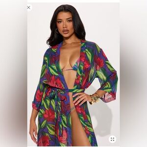 Sultry Chiffon  Maxi Floral  Print Swim Cover-Up Belted Kimono